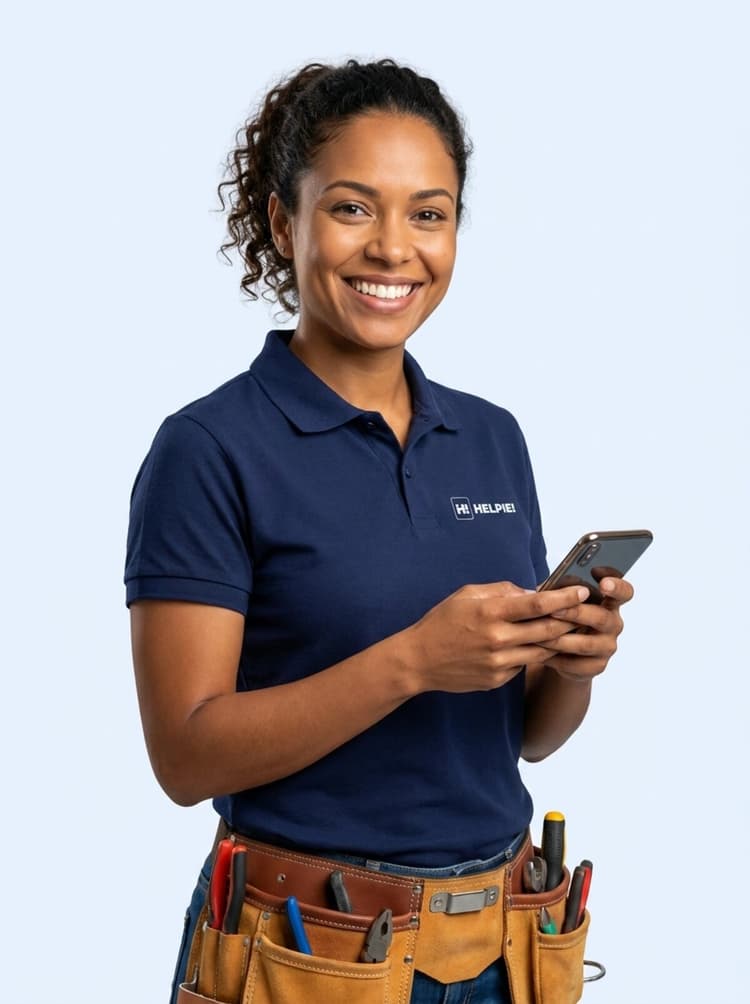 Profissional parceira da Helpie sorrindo, segurando um smartphone